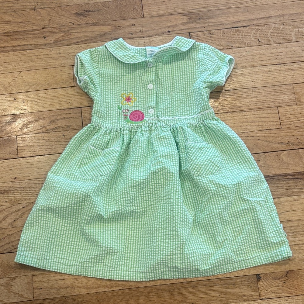 Vintage Light Green Gingham Dress with Snail Embroidery